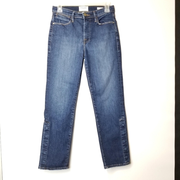 Frame Denim Pants - Frame Meribel Women's Le High Straight Leg Snap Buttons Hem Dark Wash Jeans, 27